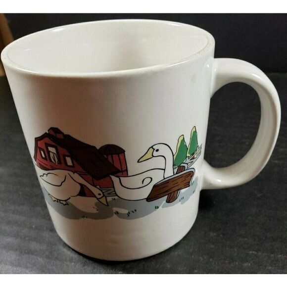 Vintage Set Farmhouse Ceramic Coffee Mugs Farm Animals Barn Sheep Geese Country - Picture 6 of 9